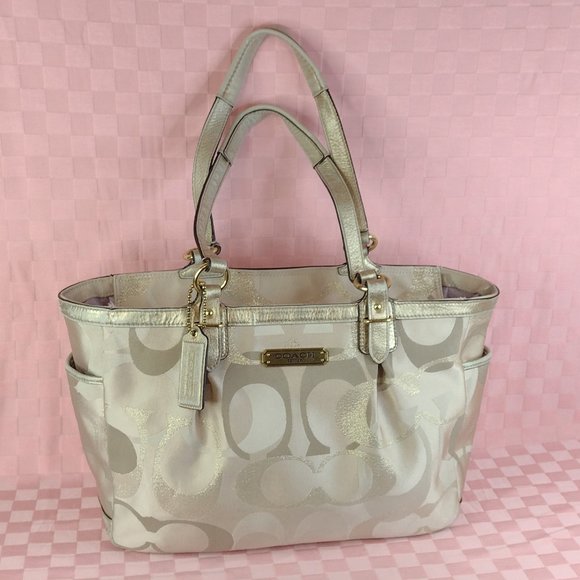 Coach Handbags - Coach Signature Beige Canvas Gold Leather Trim Optic Metallic Shoulder Bag